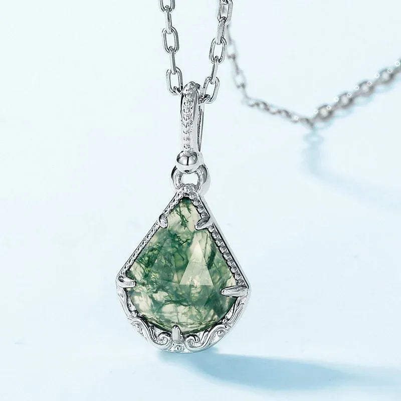 Fan-Shaped Silver-Tone Moss Agate Pendant Necklace — angled pendant and chain detail 4