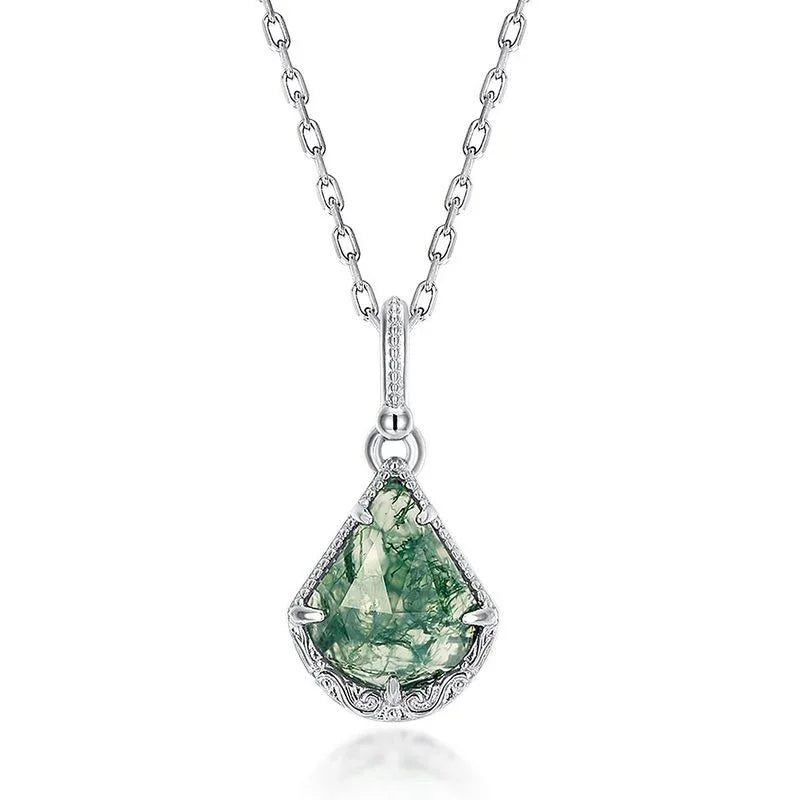 Fan-Shaped Silver-Tone Moss Agate Pendant Necklace — full necklace arrangement 5