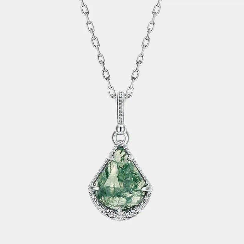 Fan-Shaped Silver-Tone Moss Agate Pendant Necklace — full necklace view on a light background