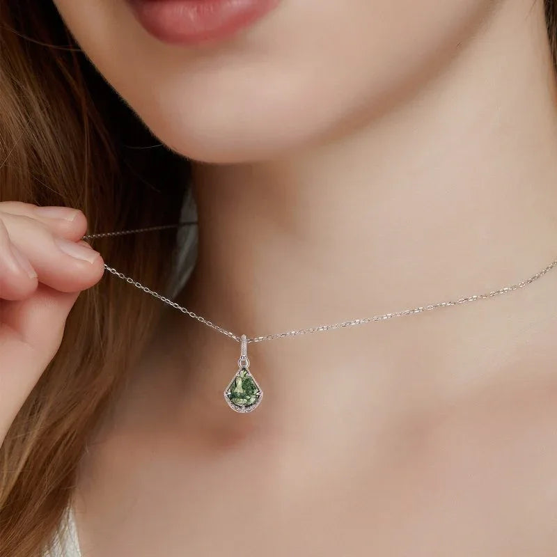 Fan-Shaped Silver-Tone Moss Agate Pendant Necklace — neckline scale view 2