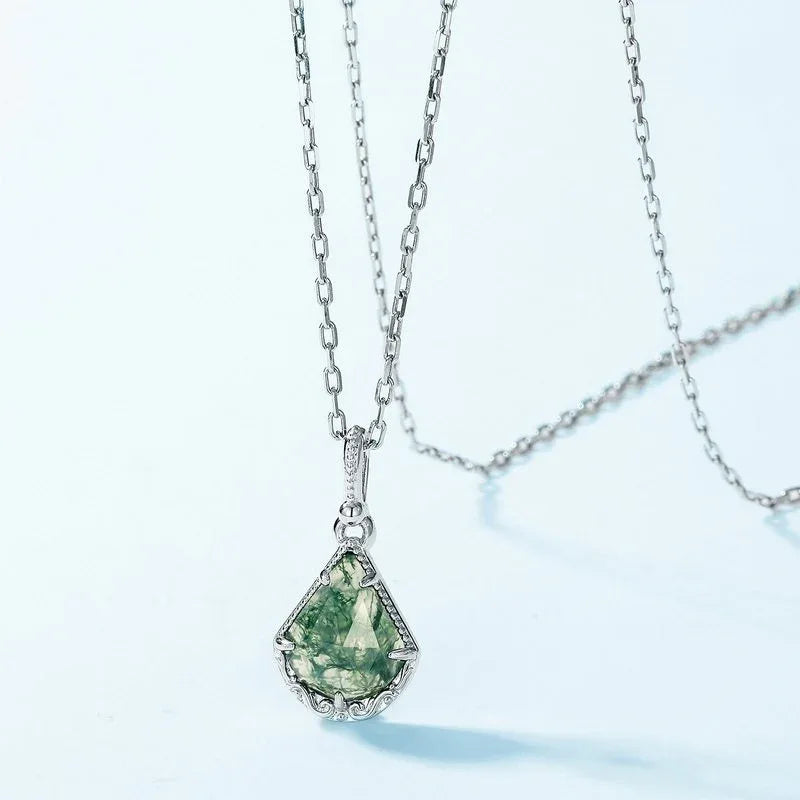 Fan-Shaped Silver-Tone Moss Agate Pendant Necklace — pendant close-up 3