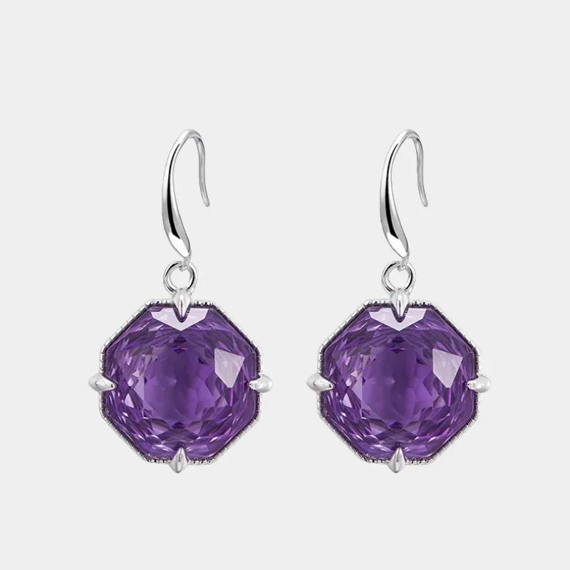 fancy-cut amethyst hook earrings front product view on a white background