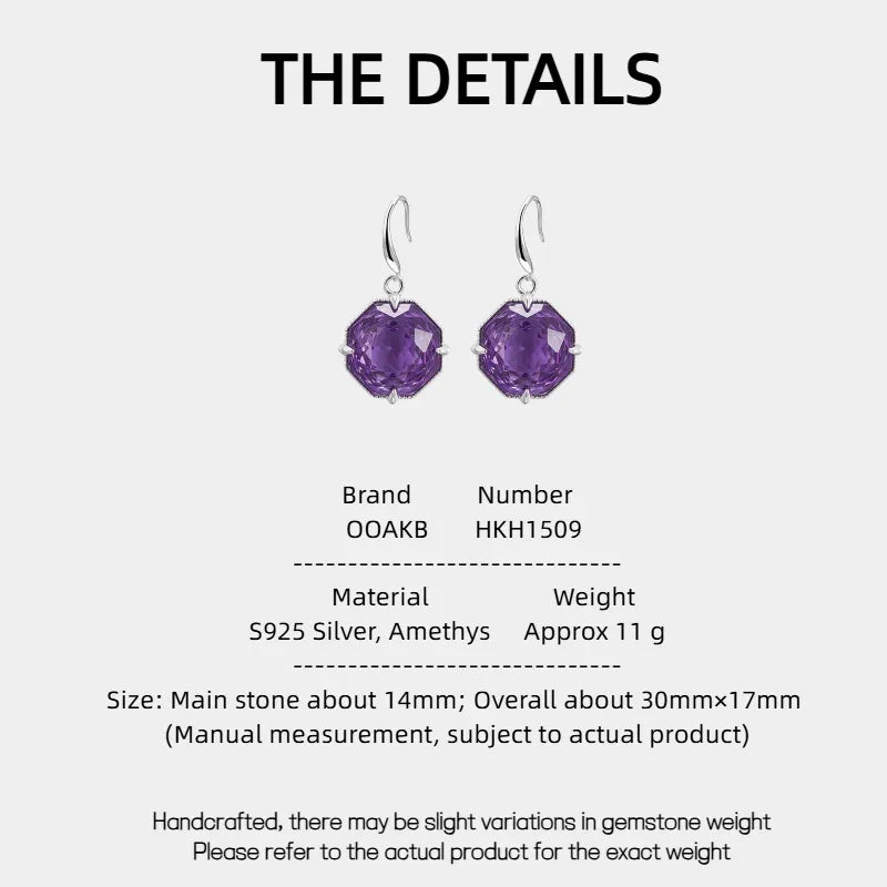 fancy-cut amethyst hook earrings specification card with product measurements