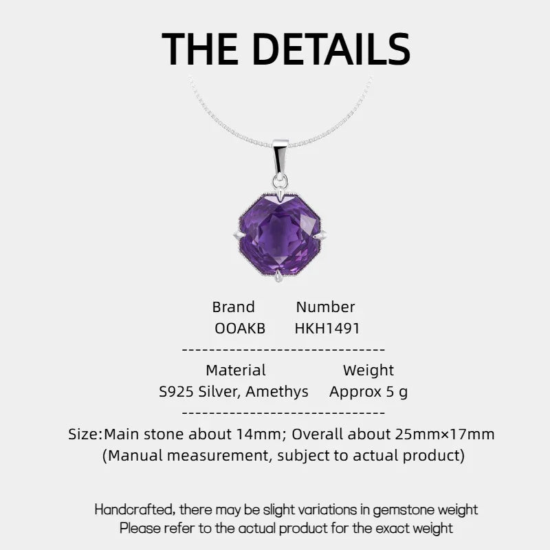fancy-cut amethyst pendant necklace specification card with product measurements