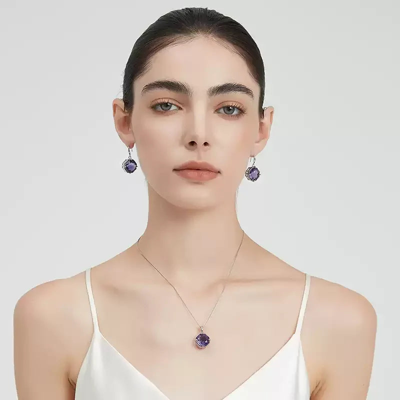 fancy-cut amethyst pendant necklace styled model view showing pendant scale