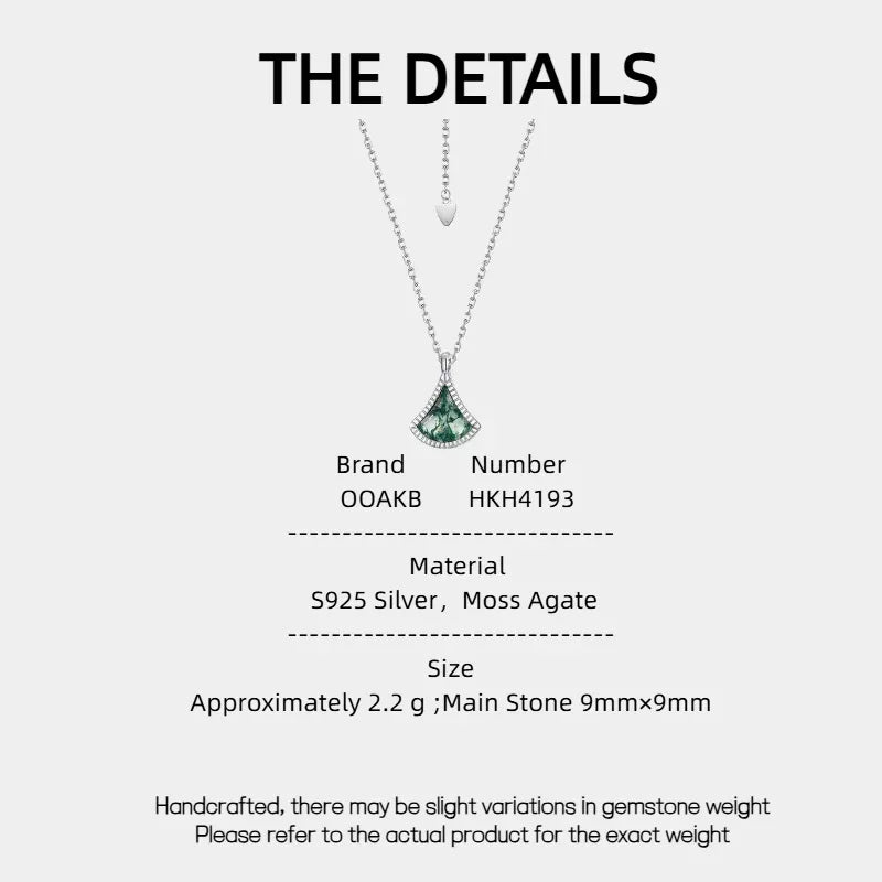 Fashion Outfit Moss Agate Pendant Necklace — Moss Agate specification card with material and measurements