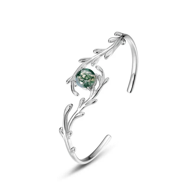 Fashionable Moss Agate Open Bangle — angled pendant and chain detail 4