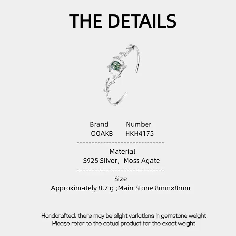 Fashionable Moss Agate Open Bangle — Moss Agate specification card with material and measurements