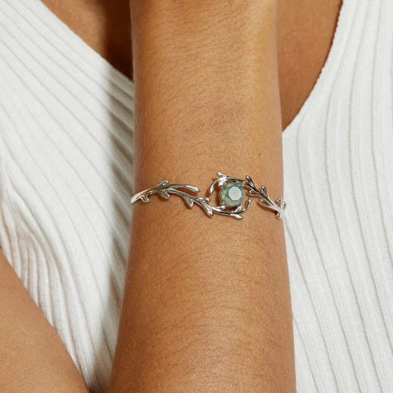 Fashionable Moss Agate Open Bangle — neckline scale view 2