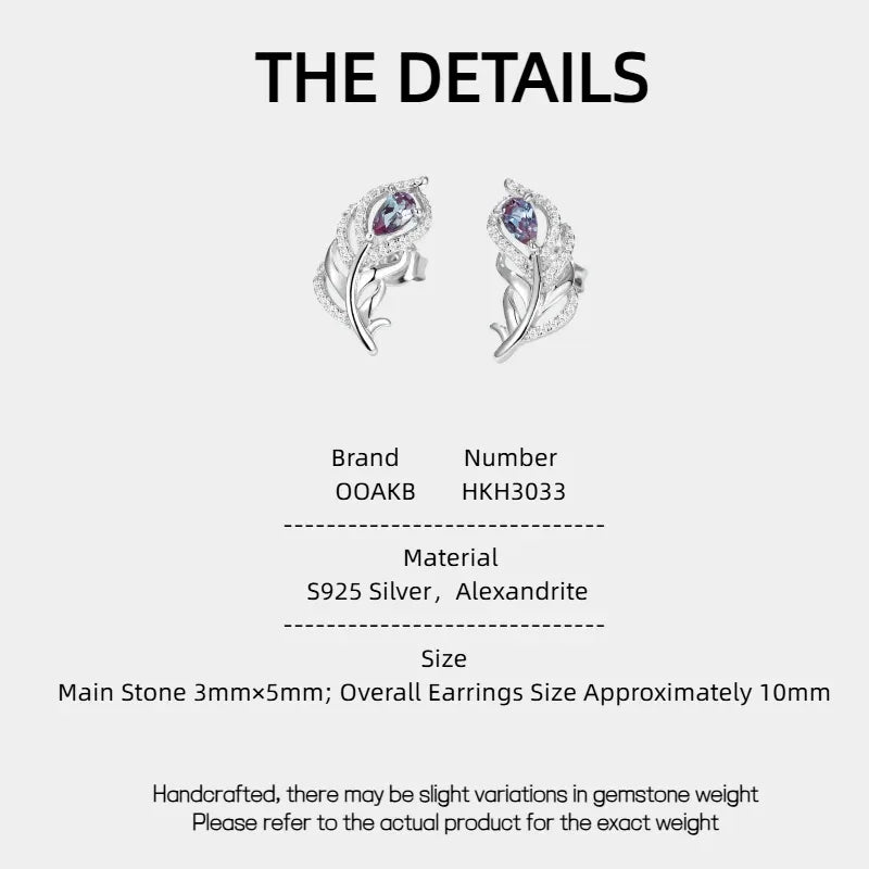 Feather-shaped stud earrings with oval Alexandrites, product specification card with text