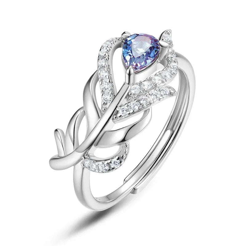 Feather-wrap ring with a Alexandrite and clear accents, alternate front product view on a white background