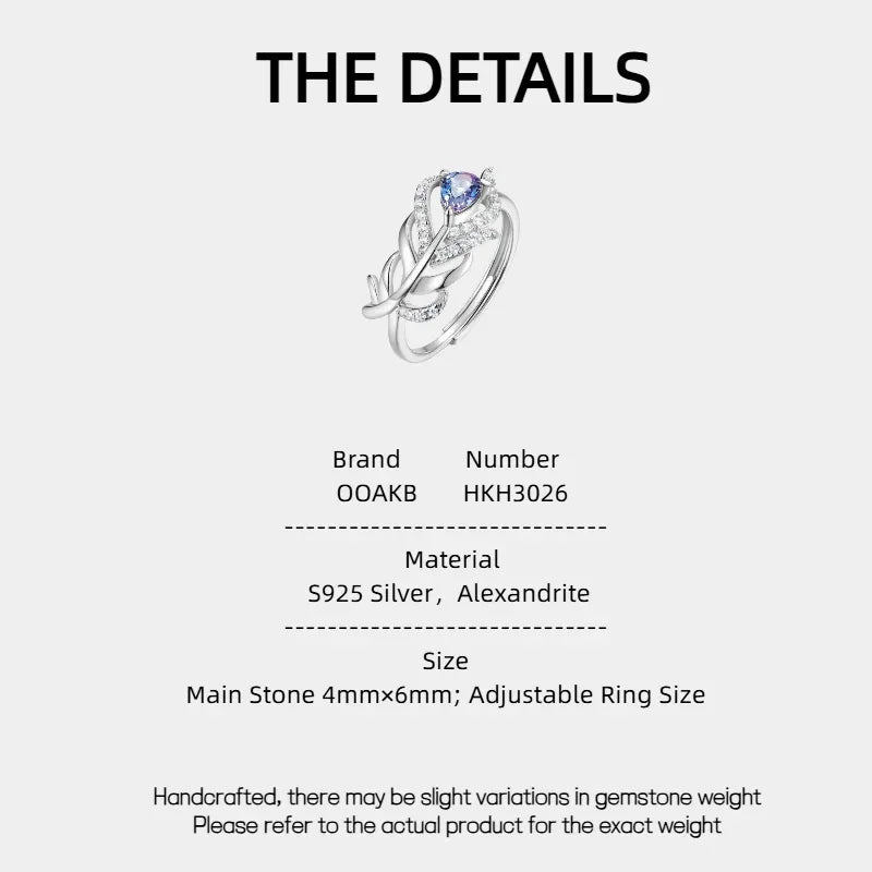 Feather-wrap ring with a Alexandrite and clear accents, product specification card with text