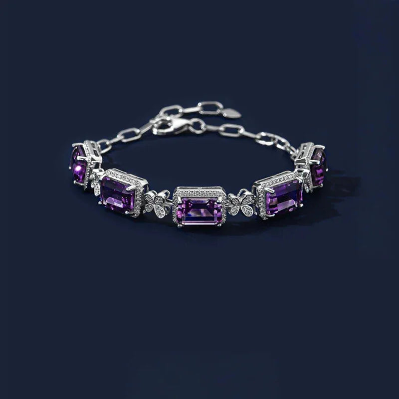 five-stone amethyst bracelet product view on a dark background