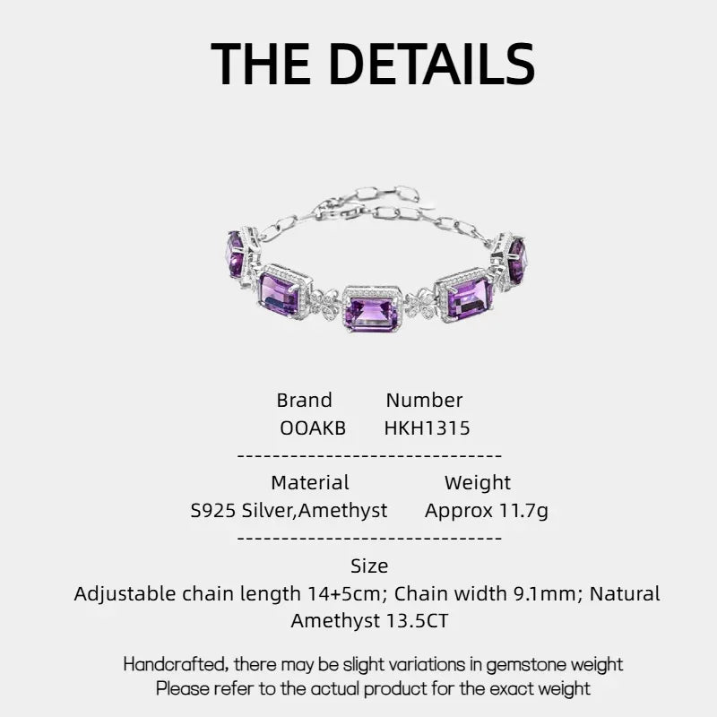 five-stone amethyst bracelet specification card with product measurements