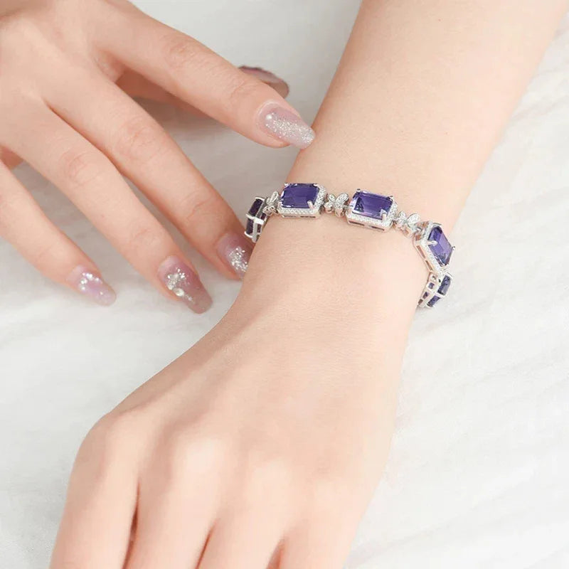 five-stone amethyst bracelet styled wrist view showing bracelet scale