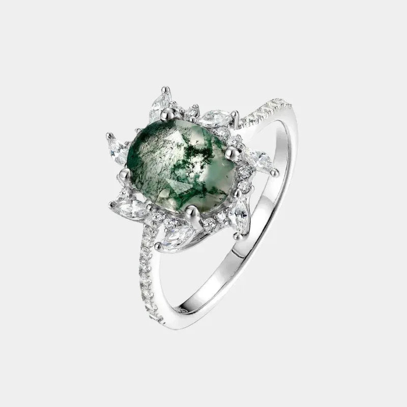 Floral Halo Moss Agate Ring — front product view on a light background