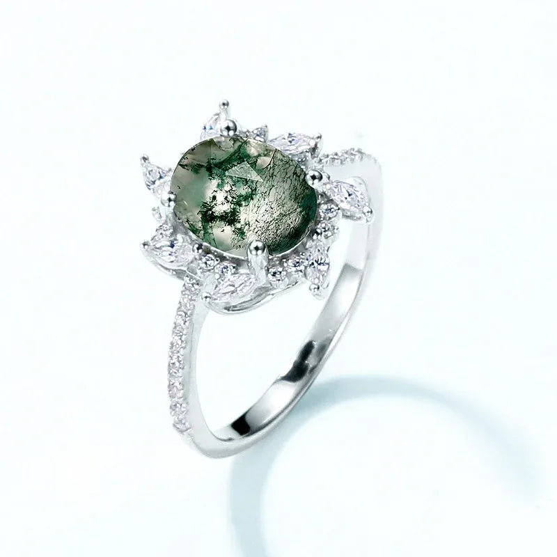 Floral Halo Moss Agate Ring — front setting detail 3