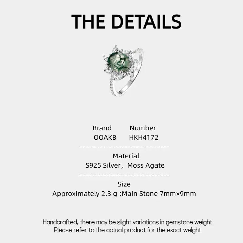 Floral Halo Moss Agate Ring — Moss Agate specification card with material and measurements