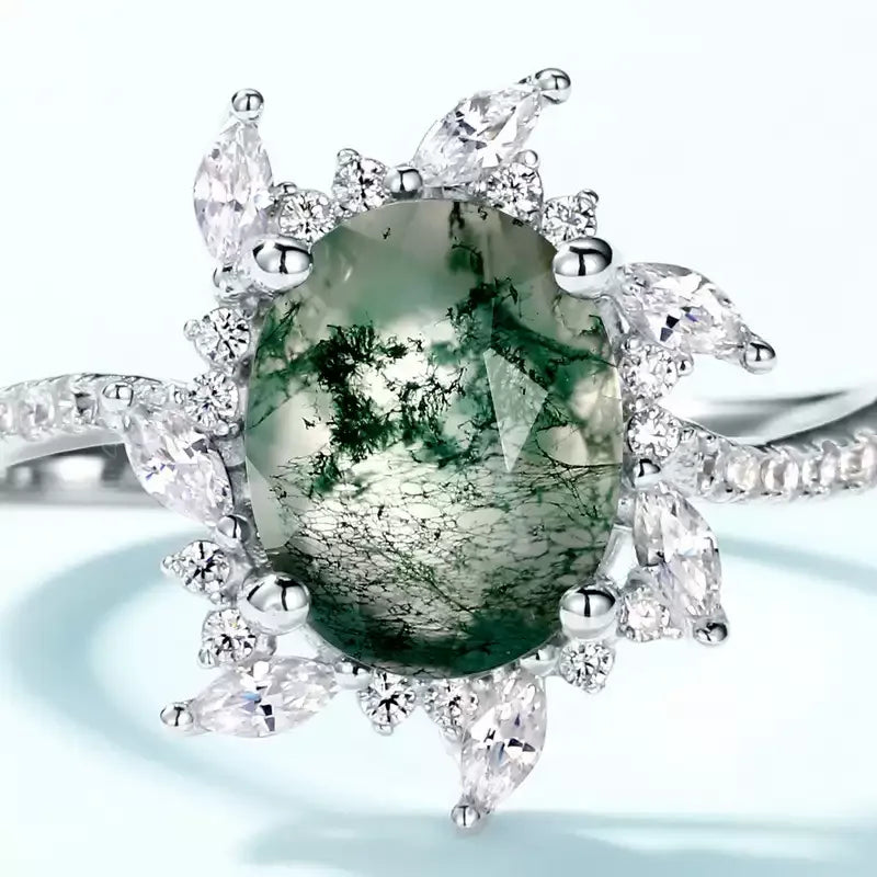 Floral Halo Moss Agate Ring — side profile and band detail 4
