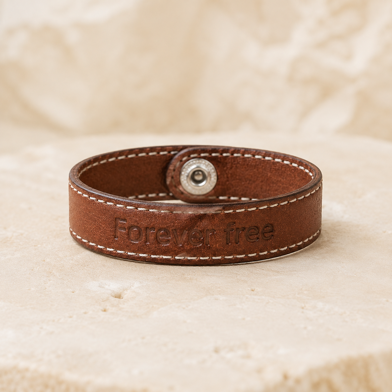 Brown hand-stitched leather cuff bracelet engraved Forever free on a warm neutral background