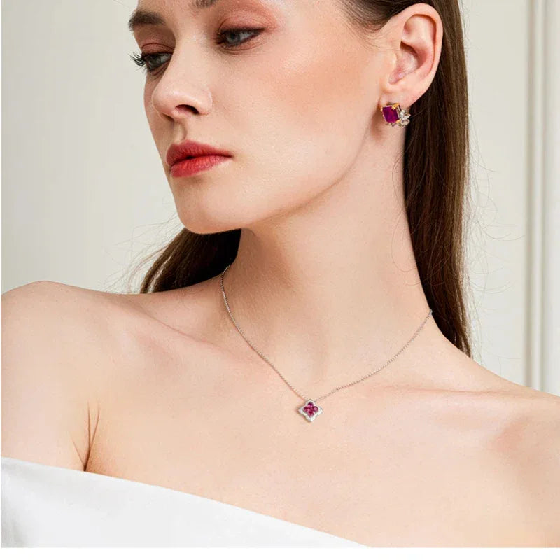 Four-Leaf Clover Ruby Necklace S925 Silver — full necklace view