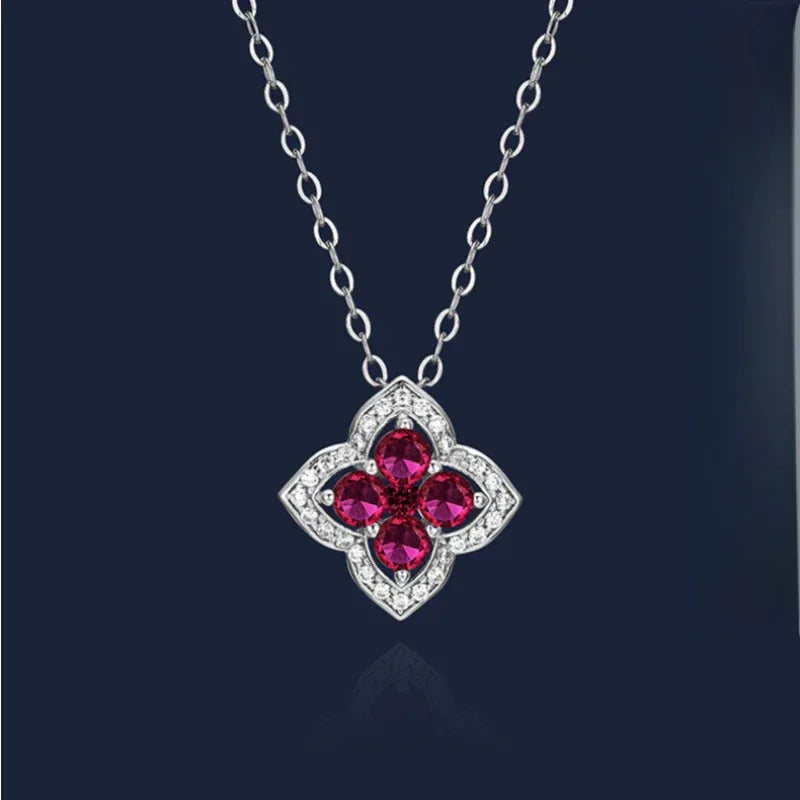 Four-Leaf Clover Ruby Necklace S925 Silver — pendant setting detail