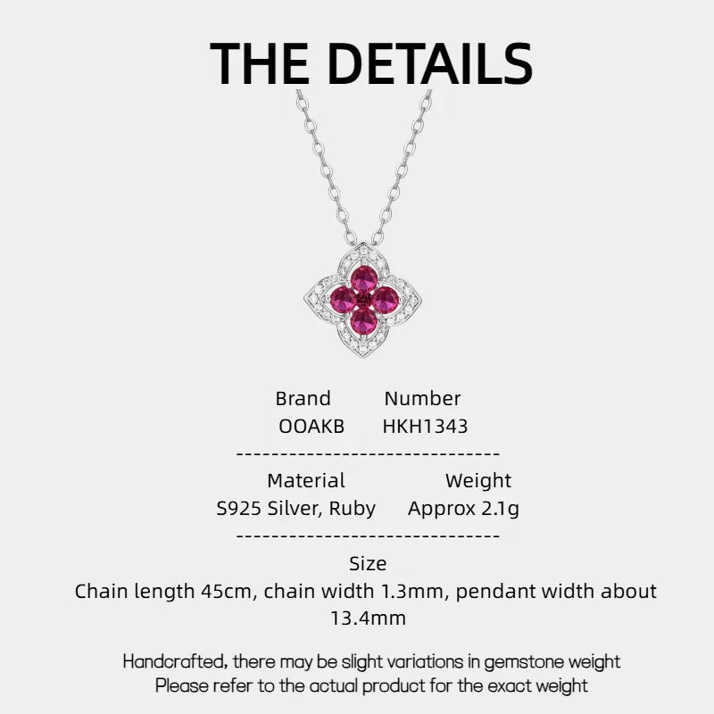 Four-Leaf Clover Ruby Necklace S925 Silver — specification card with material and size details
