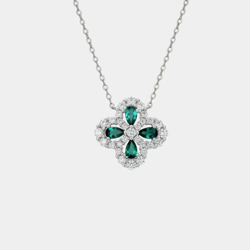 Four-Leaf Emerald Clover Pendant Necklace full necklace view on a white background