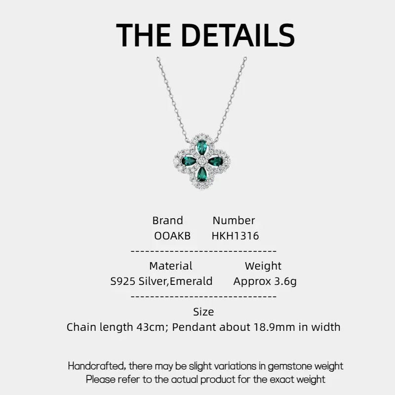 Four-Leaf Emerald Clover Pendant Necklace specification card with product measurements