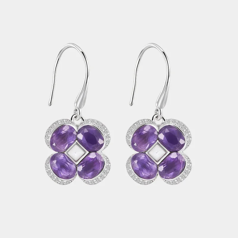 amethyst clover drop earrings front product view on a white background