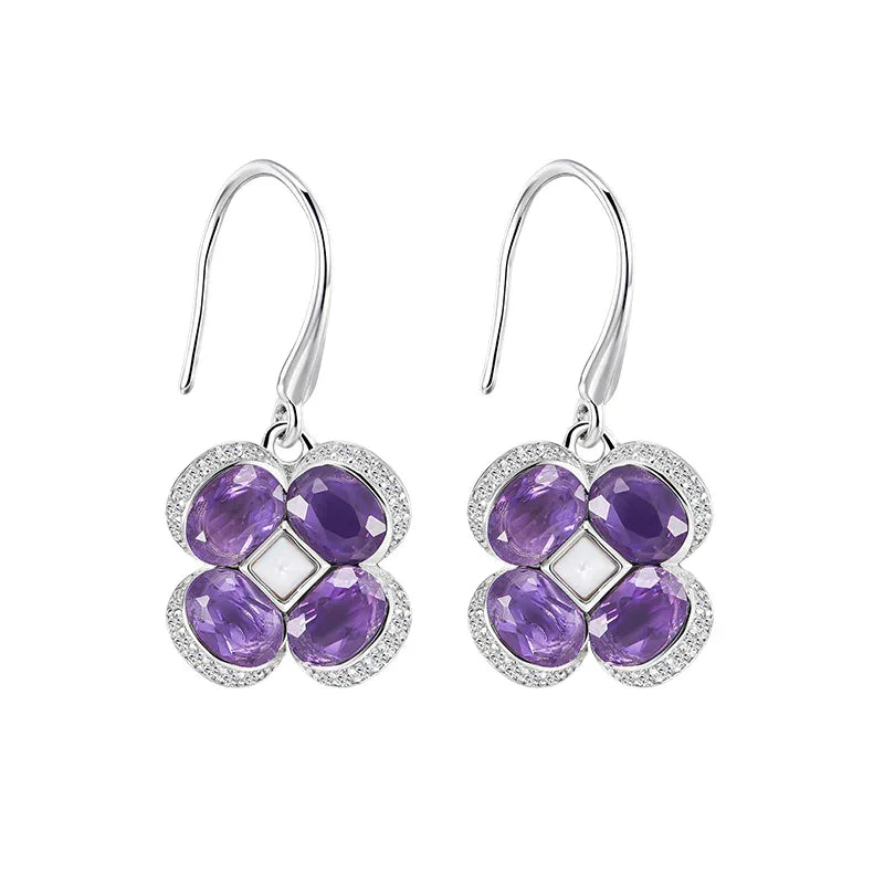 amethyst clover drop earrings paired product view on a white background