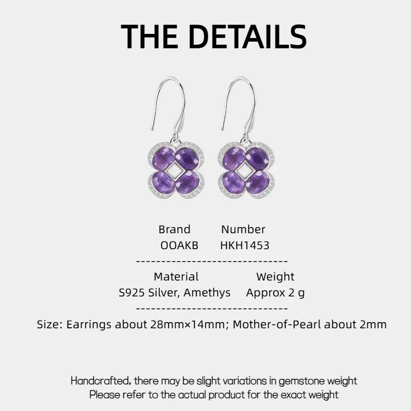 amethyst clover drop earrings specification card with product measurements