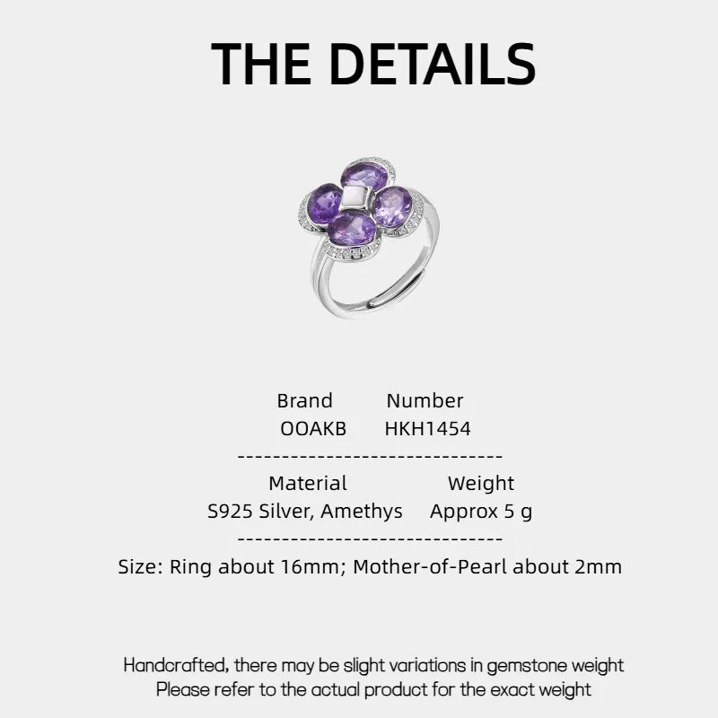 amethyst clover open ring specification card with product measurements