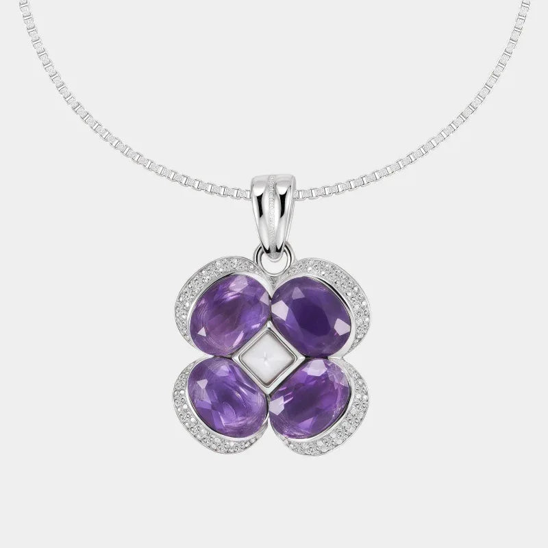 amethyst clover pendant necklace front product view on a white background