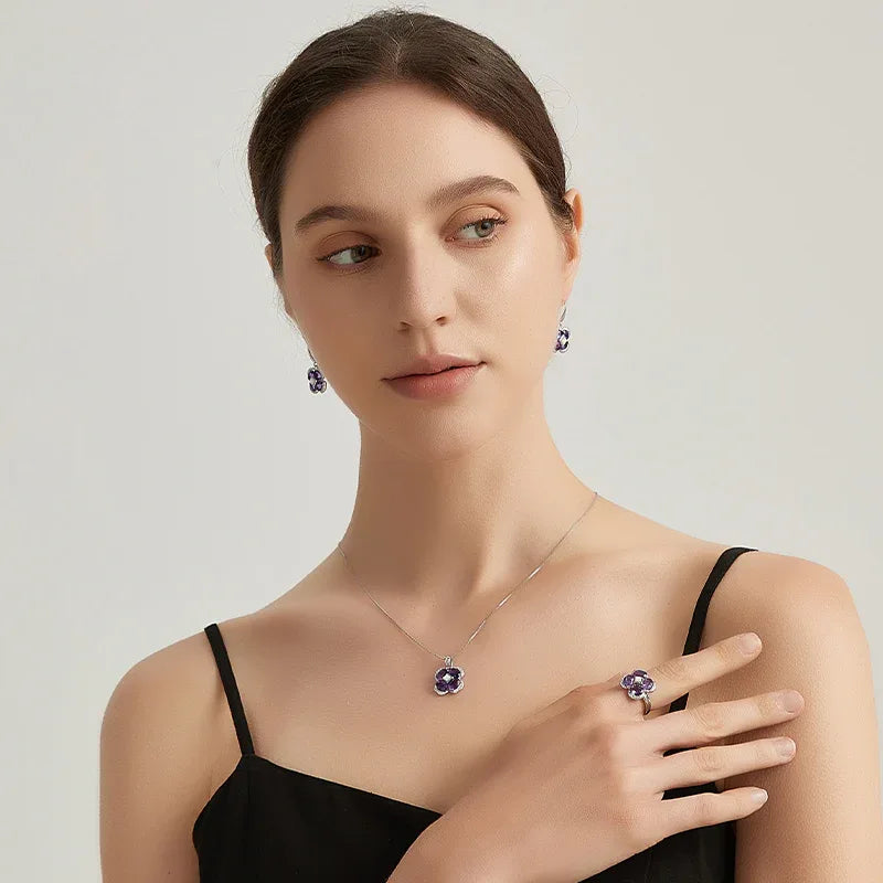 amethyst clover pendant necklace second neckline view in soft light