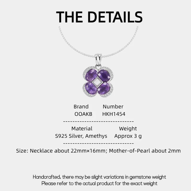 amethyst clover pendant necklace specification card with product measurements