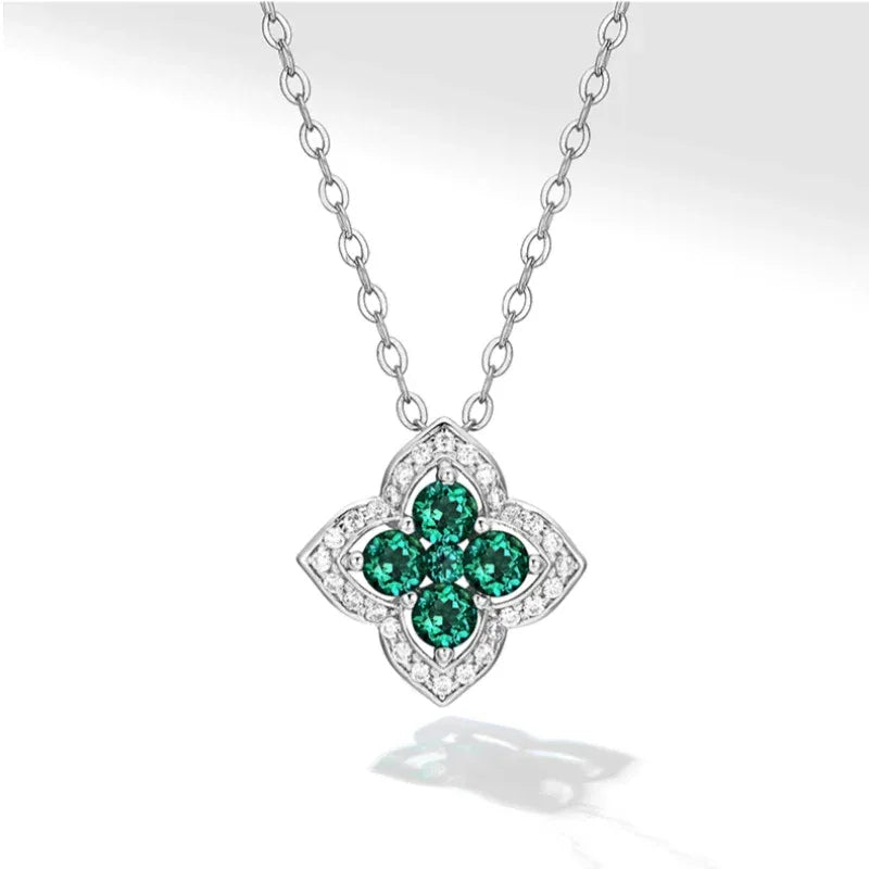 Four-Stone Emerald Floral Pendant Necklace angled pendant detail