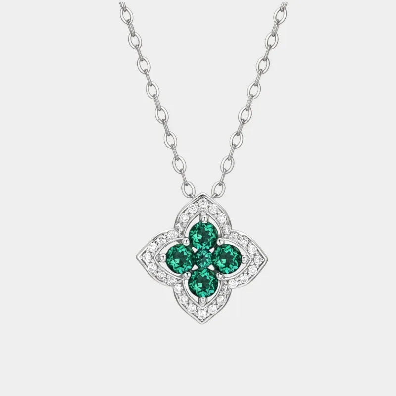 Four-Stone Emerald Floral Pendant Necklace full necklace view on a white background