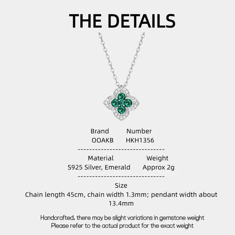 Four-Stone Emerald Floral Pendant Necklace specification card with product measurements