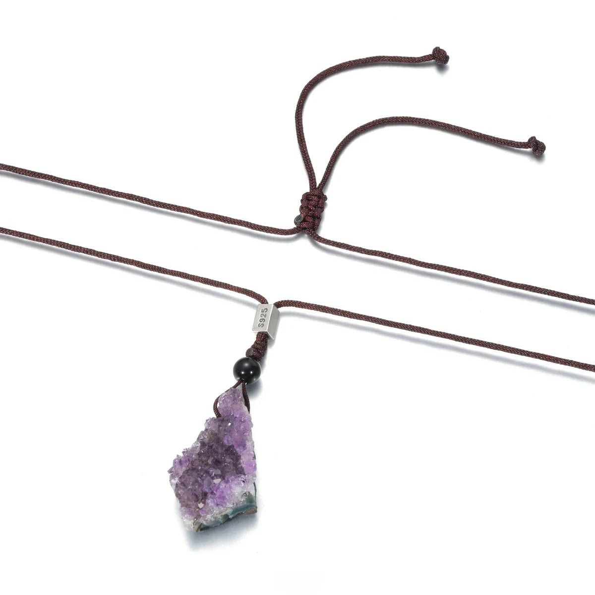 amethyst cluster cord necklace adjustable cord and pendant detail
