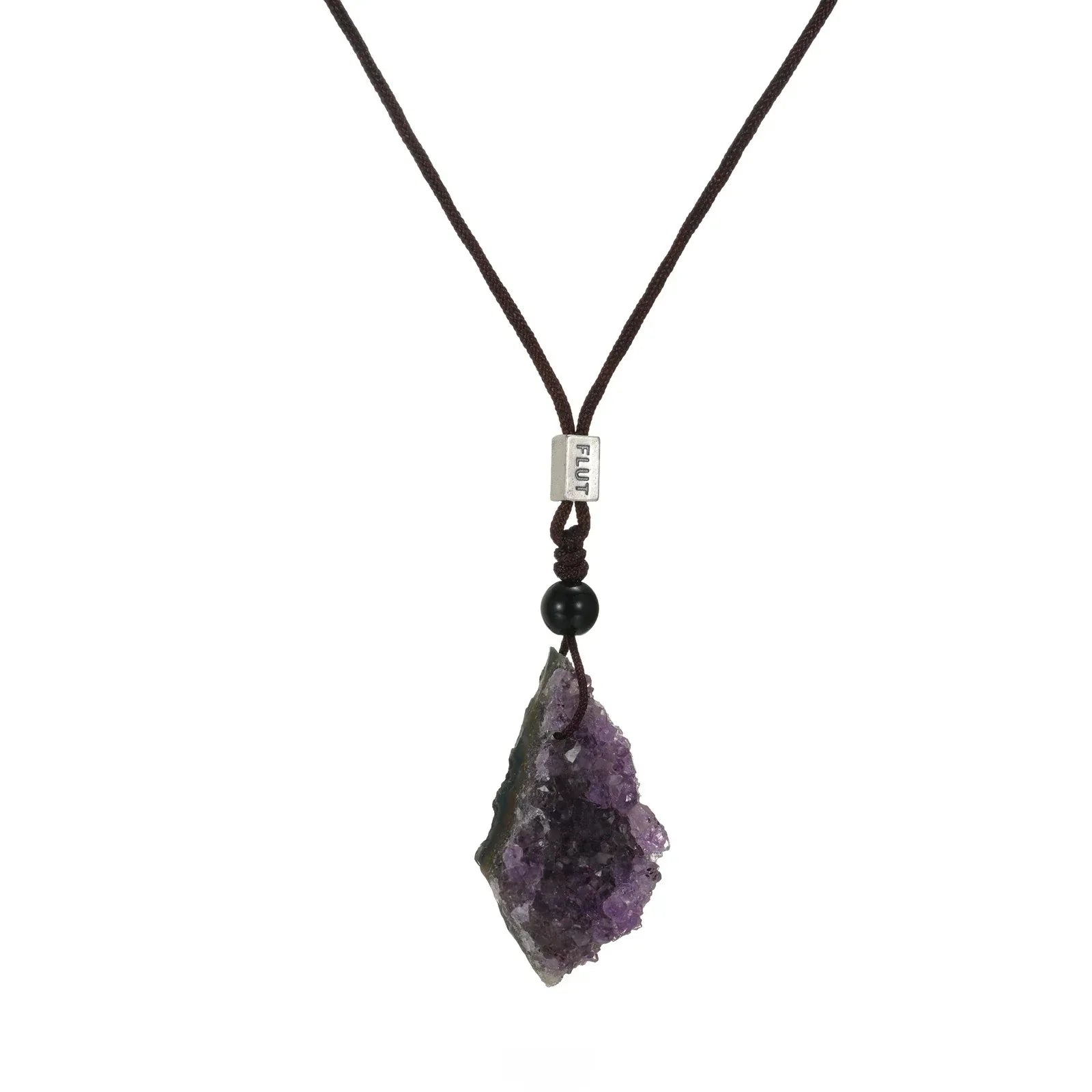 amethyst cluster cord necklace cluster pendant and bead detail on white