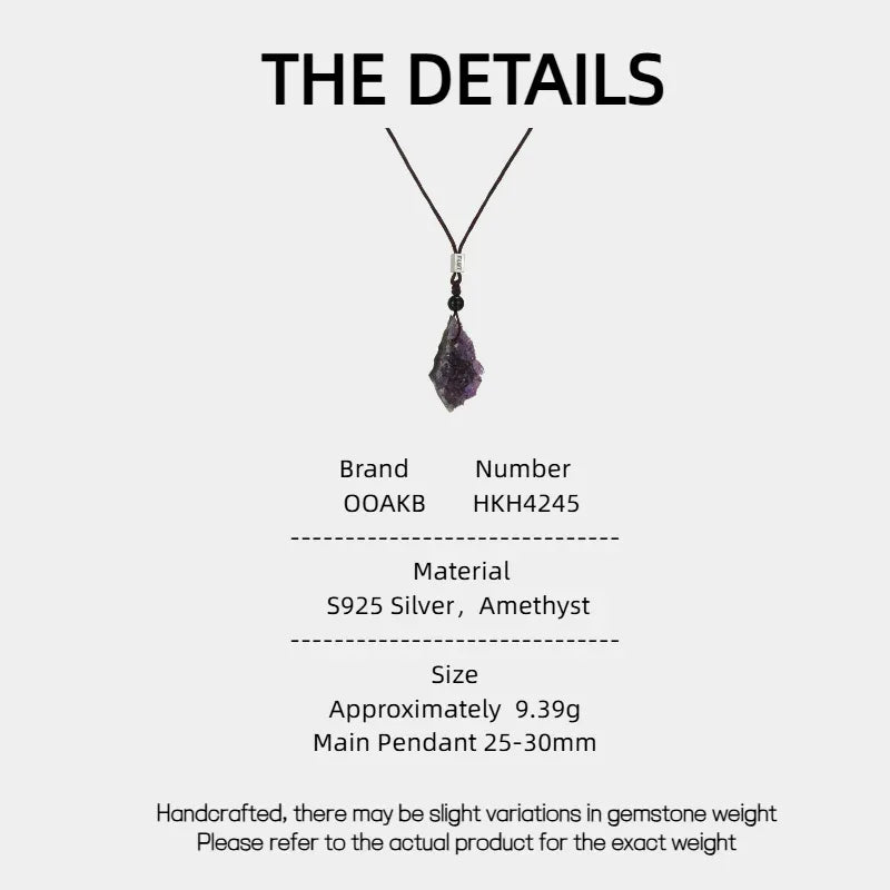 amethyst cluster cord necklace specification card with product measurements