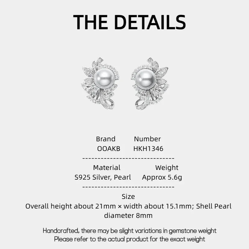 Shell Pearl Floral Cluster Stud Earrings — specification card with material and size details