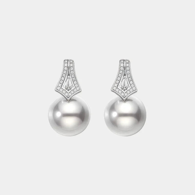 Pearl Drop Earrings with Geometric Fan Detail — front view of pearl drop earrings