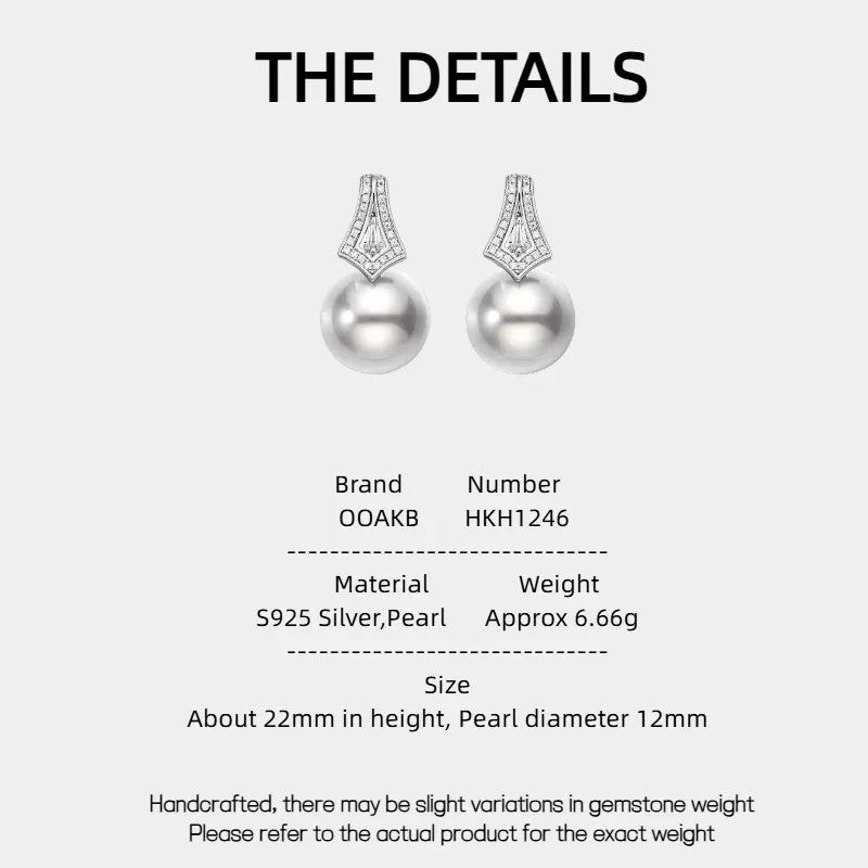 Pearl Drop Earrings with Geometric Fan Detail — specification card with material and size details