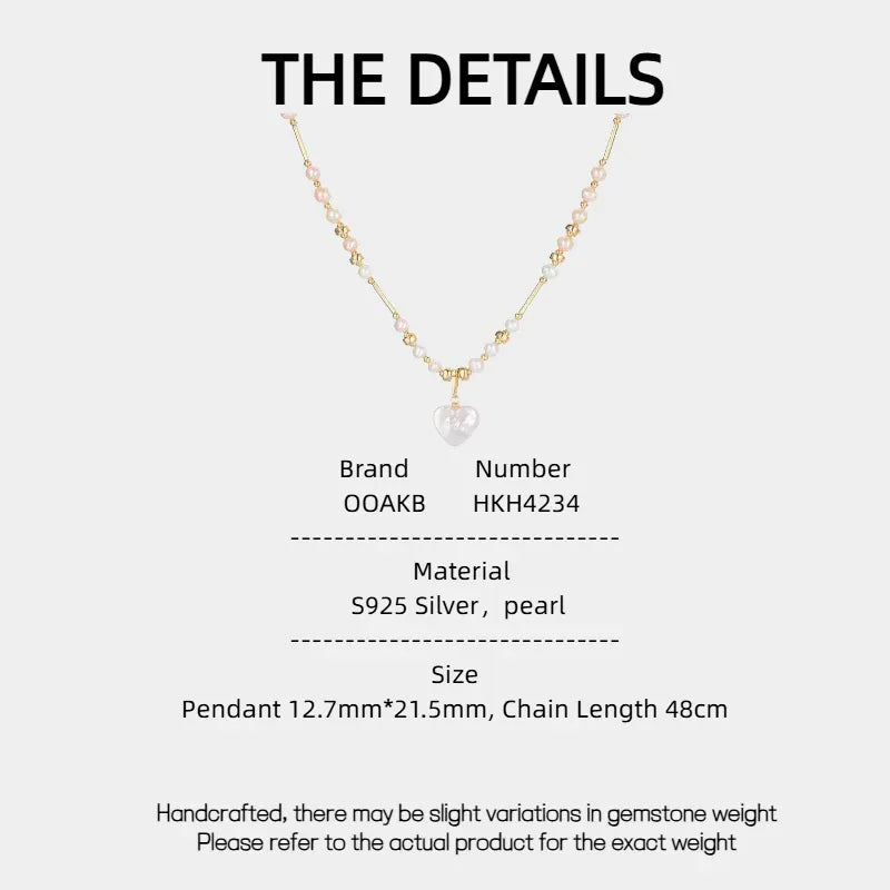 Baroque Pearl Heart Pendant Necklace with Gold Bar Accents — specification card with material and size details