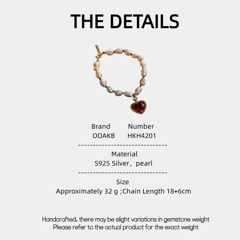 Pearl Bracelet with Red Heart Charm — specification card with material and size details