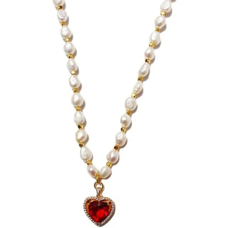 Pearl Strand Necklace with Red Heart Pendant — alternate isolated close view of the pearl strand and heart pendant