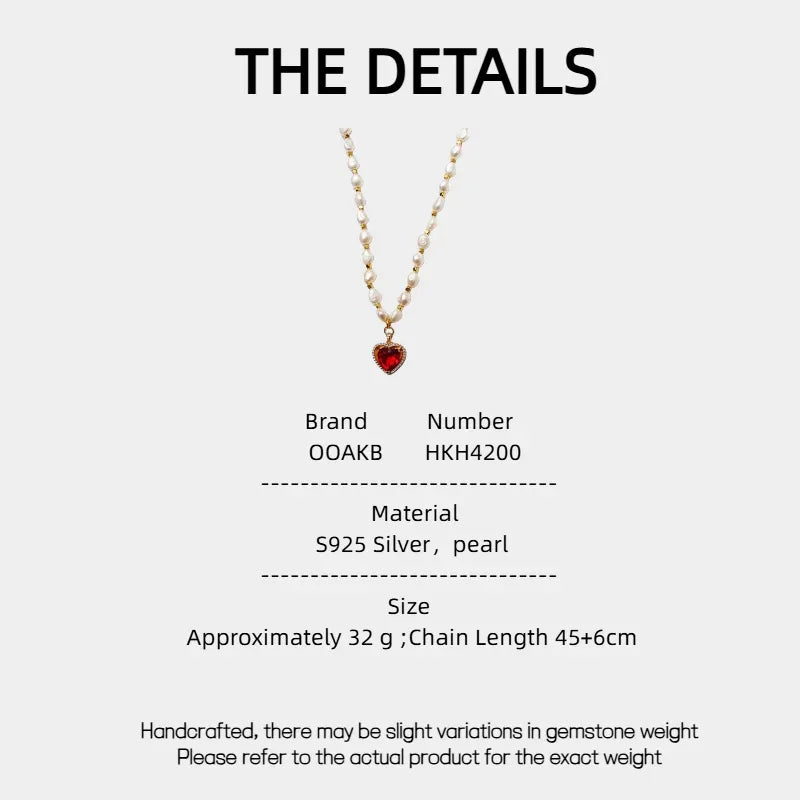 Pearl Strand Necklace with Red Heart Pendant — specification card with material and size details