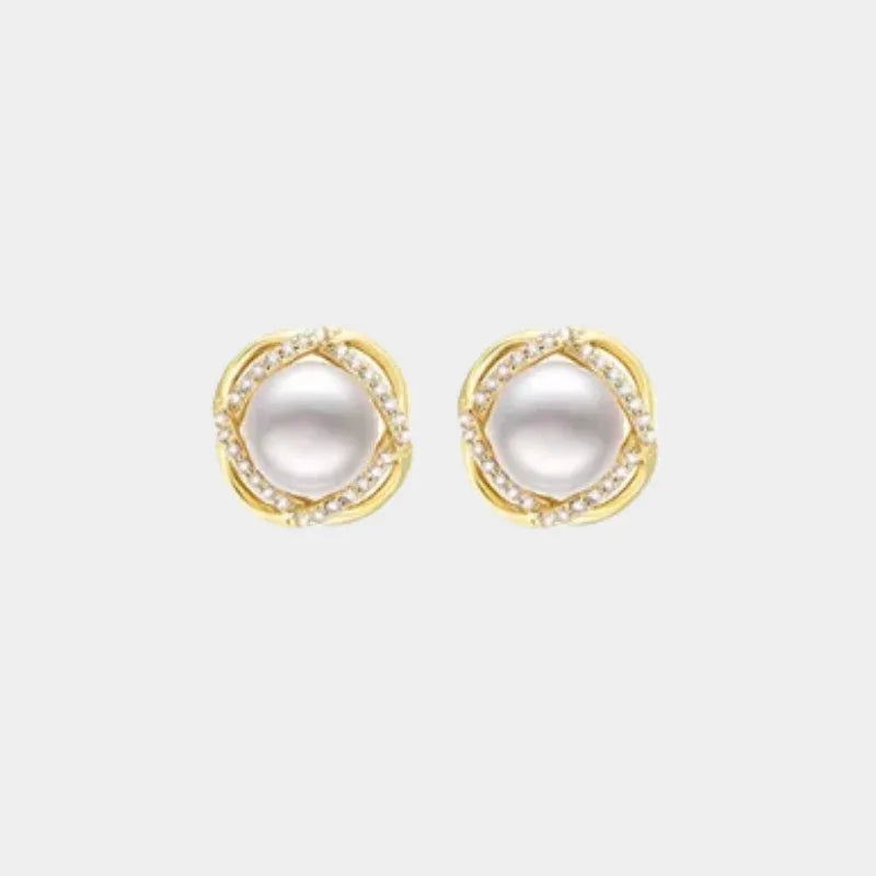 Pearl Halo Stud Earrings — front view of gold-tone pearl halo studs